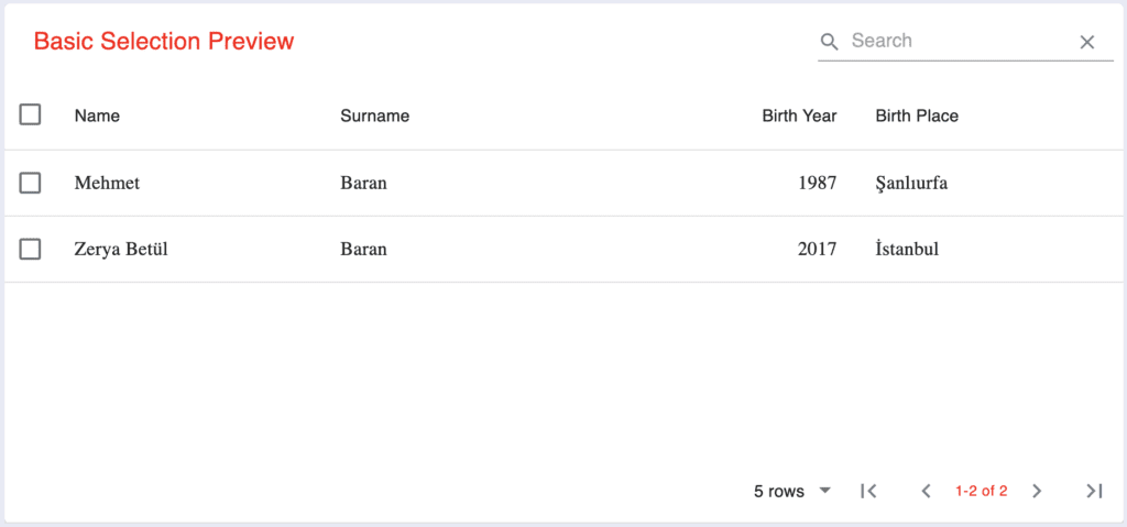 Material Table screenshot