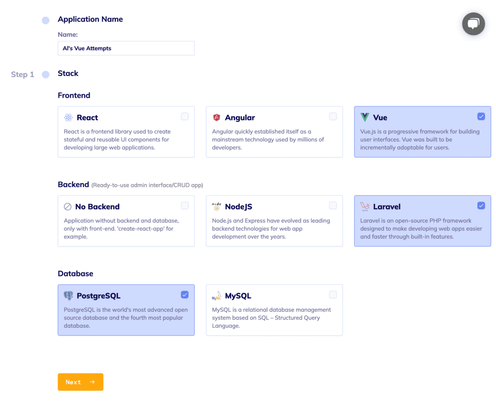 How to create a Vue app with Flatlogic platform - project name and tech stack