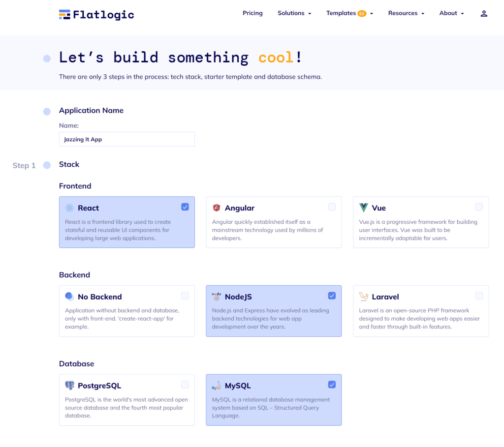 Flatlogic platform: naming the project and tech stack